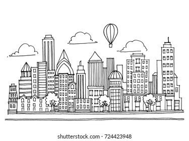 Hand drawn City Sketch for your design,Drawn in black ink on white background