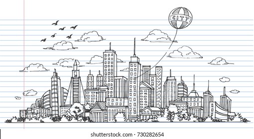 Hand drawn City Sketch for your design Drawn in black ink  lined notebook paper