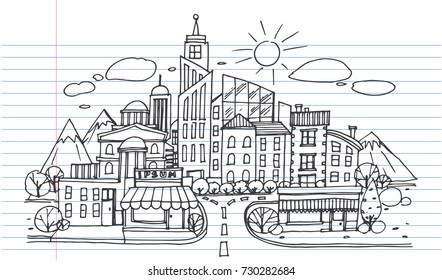 Hand drawn City Sketch for your design,Drawn in black ink  on lined notebook paper