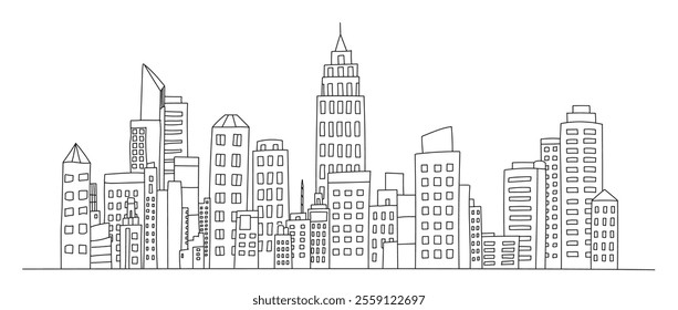 Hand drawn city skyline, Skyline showing several prominent buildings and hotels line vector