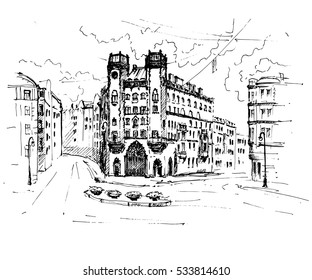 Hand Drawn city street with beautiful old building. Sketch vector illustration.