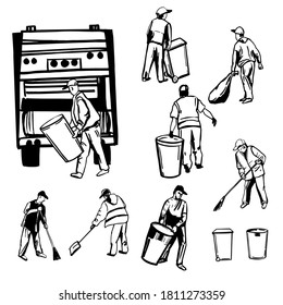 Hand drawn city street cleaners, sanitation workers. Vector sketch illustration.