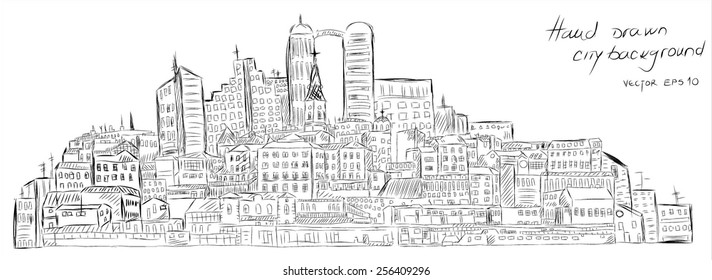 Hand drawn cityscape background. Panoramic landscape. Vector eps10.