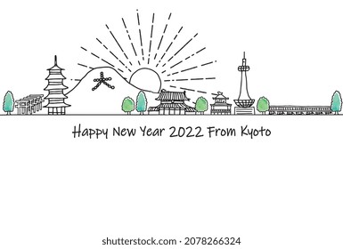 hand drawn cityscape KYOTO new year card 2022 template