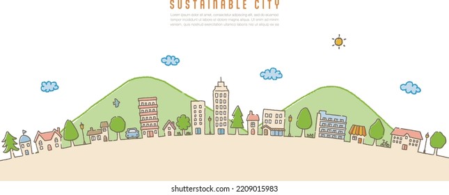 Hand drawn cityscape and nature image; vector illustration