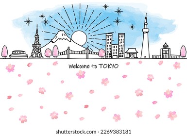 handgezeichnete Stadtlandschaft TOKYO JAPAN Skyline und Kirschblumen, Vektorgrafik