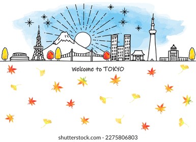hand drawn cityscape TOKYO JAPAN skyline and Autumn leaves illustration