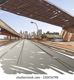 Hand drawn cityscape, vector illustration
