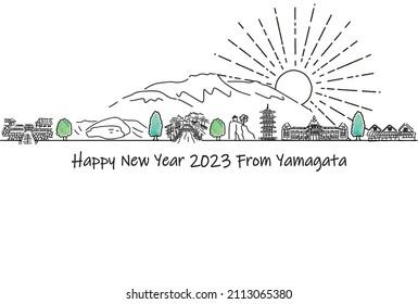 hand drawn cityscape YAMAGATA prefecture new year card 2023 template