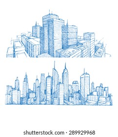 Hand drawn cityscapes and buildings blue print