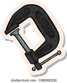 Hand drawn clamp icon woodworking tool in sticker style vector illustration