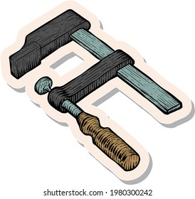 Hand drawn clamp icon woodworking tool in sticker style vector illustration