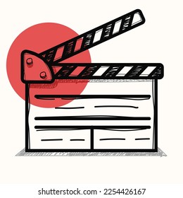 Hand drawn clapper icon for the movie. Doodle firecracker for filmmaking. Board for a film set vector illustration isolated on white background