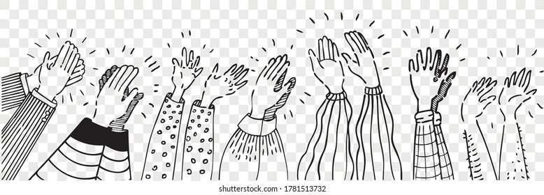 Hand drawn clapping human hands doodle set. Collection pencil chalk drawing sketches men women raising arms making applause isolated on transparent background. Greeting celebration or ovation.