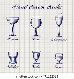 Hand drawn classic alcoholic drinks on notebook page. Vector illustration