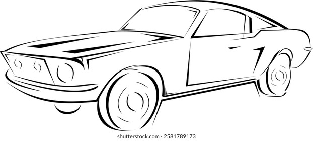 Hand drawn classic American muscle car in minimalist line art style. Retro automobile sketch perfect for logos, prints, and automotive designs. Simple black and white vintage car illustration.