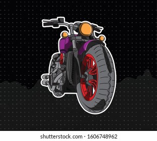 hand drawn classic big motorcycle in purple and red color and dark background from side