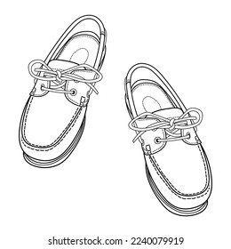 Hand drawn classic boat shoes front and top view. Outline doodle vector illustration