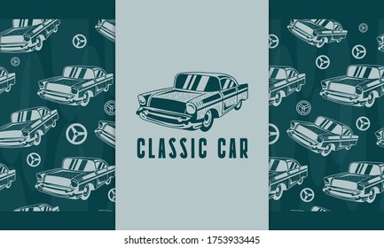 Hand drawn classic car with seamless pattern vector set svg