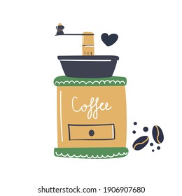 Hand drawn classic coffee grinder. Flat illustration. Cooking, kitchen concept.