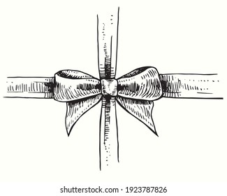Hand drawn classic double bow with cross ribbon, top view. Ink black and white drawing.