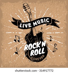 Hand drawn classic guitar with ribbon and text on brown background. Sketched style.
