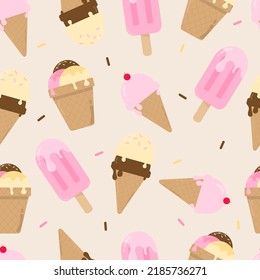 Hand drawn classic ice cream seamless pattern Summer pattern background Flat vector design. Can be used for wallpaper and background for summer or dessert themes.