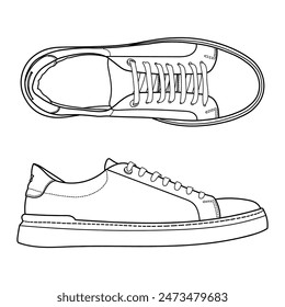 hand drawn classic leather sneakers, gym shoes, side and top view. Image in different views - front, back, top, side, sole and 3d view. Outline linear doodle vector illustration.