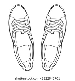 Hand drawn classic pair of sneakers, gym shoes, top view.  Doodle vector illustration.