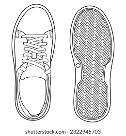 Hand drawn classic pair of sneakers, gym shoes, top and sole  view.  Doodle vector illustration.