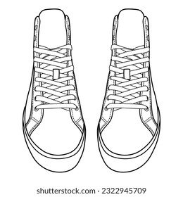 Hand drawn classic pair of sneakers, gym shoes, front 3d  view.  Doodle vector illustration.