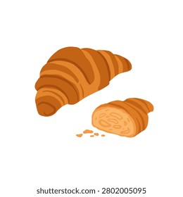 Hand drawn classic plain croissant, French pastry, flaky buttery crescent roll, bakery and cafe food vector illustration