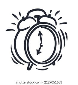 Hand drawn classic ringing alarm clock line art, Retro alarm clock black and white