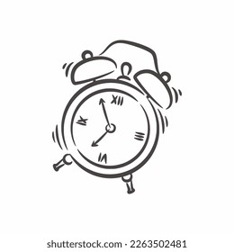 Hand drawn classic ringing alarm clock line art, Retro alarm clock black and white