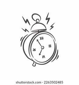 Hand drawn classic ringing alarm clock line art, Retro alarm clock black and white