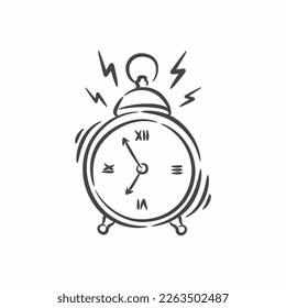 Hand drawn classic ringing alarm clock line art, Retro alarm clock black and white