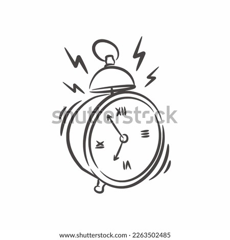 Hand drawn classic ringing alarm clock line art, Retro alarm clock black and white