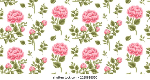 Hand drawn classic, vintage pink rose and peony flower seamless pattern vector illustration for wrapping paper, fabric, textile, background, wallpaper, invitation, decoration, banner