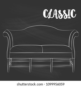Hand drawn classic wooden sofa vector sketch chalkboard, blackboard, chalk store, apartment, promotion, sale.