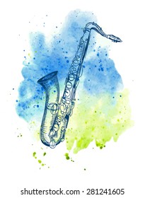 hand drawn classical alto saxophone on watercolor splash