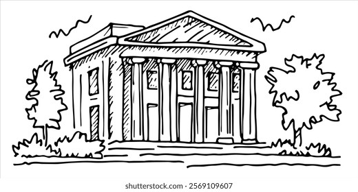 hand drawn classical building with columns and trees around