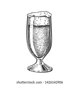 Hand Drawn Classical Glass With Foam Beer Vector. Glass With Alcoholic Fresh Cold Beverage Light Drink. Monochrome Black And White Oktoberfest Festive Equipment Template Cartoon Illustration