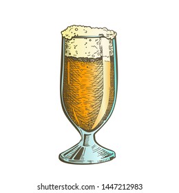 Hand Drawn Classical Glass With Foam Beer Vector. Glass With Alcoholic Fresh Cold Beverage Light Drink. Color Oktoberfest Festive Equipment Template Cartoon Illustration