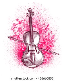 Hand drawn classical violin and bow. Musical instrument. Vector illustration