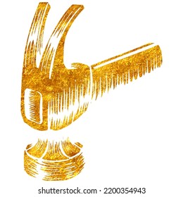 Hand drawn claw hammer icon woodworking tool in gold foil texture vector illustration