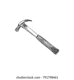 Hand Drawn Claw Hammer Sketch Symbol. Vector Tool Element In Trendy Style.