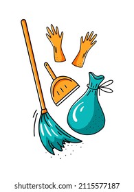Hand drawn cleaning elements. Isolated on white background broom, dustpan, rubber gloves and bag with garbage. Vector illustration in doodle style.