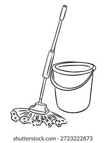 Hand drawn cleaning mop with bucket in simple line style isolated on white background. The illustration represents housework, hygiene and domestic cleaning concept