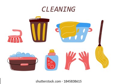 Hand drawn Cleaning Set. Mop, bin, bucket floor, rubber gloves, Laundry basket, washing powder or detergent. Cleaning supplies. Home clean tools. Flat illustration.