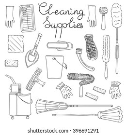 Hand drawn cleaning supplies isolated on white background. Broom, mop, cleaning caddy, extendable duster, gloves, ceiling fan duster, scrub brushes, window cleaner, sponge, cloths, checklist.